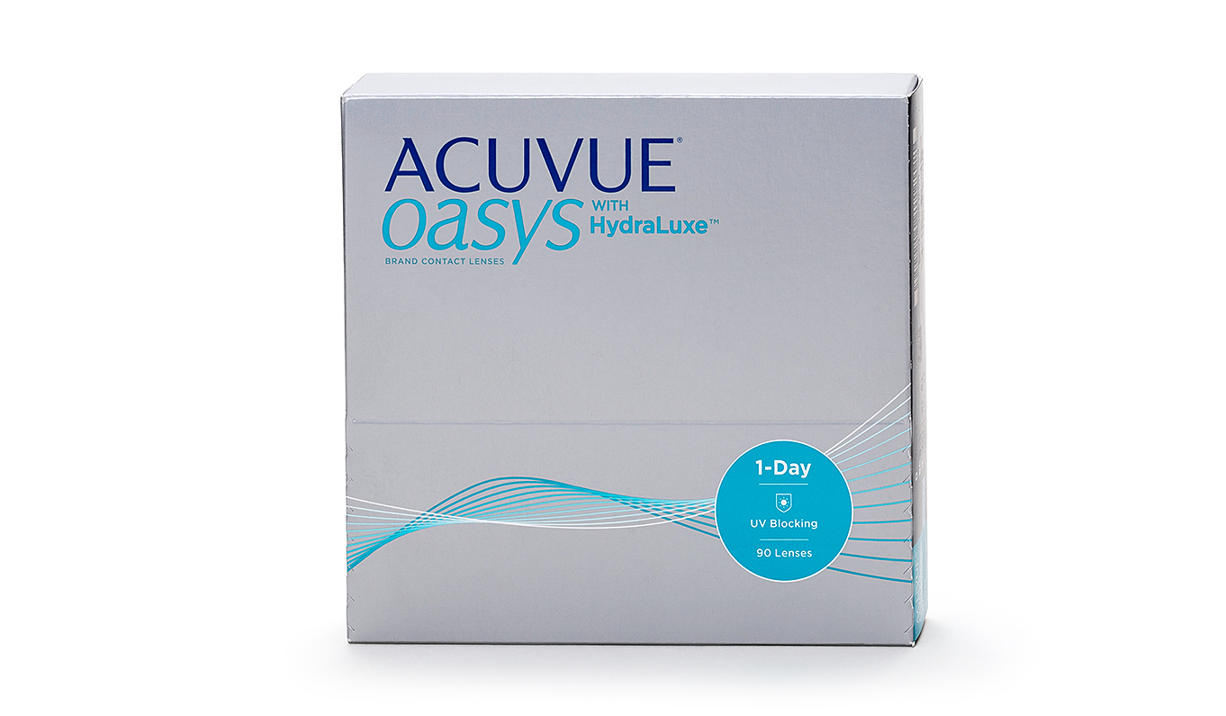 Acuvue Oasys 1-Day with HydraLuxe -piilolinssejä myydään 30 
ja kuvassa näkyvässä 90 linssin pakkauksessa, joka riittää 3 kuukauden käyttöön.