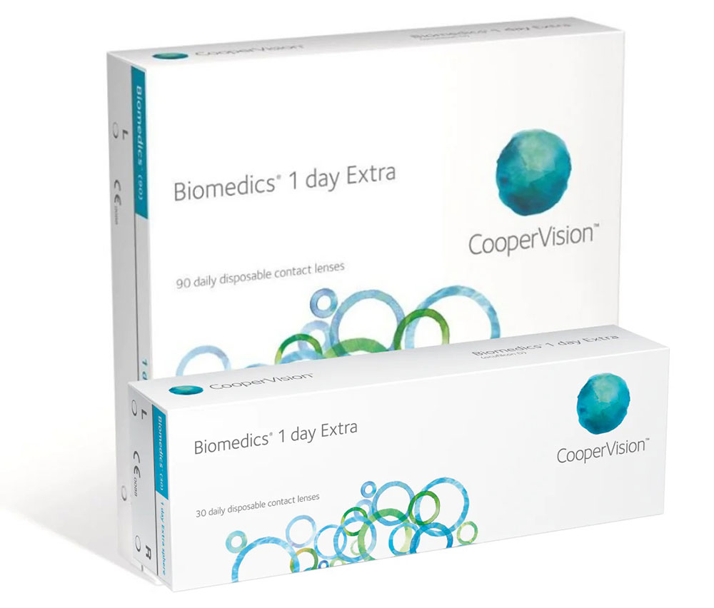 Biomedics 1 day Extra -kertakäyttölinssejä myydään 30 ja 90 linssin 
pakkauksissa.