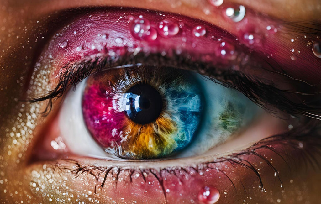 Lähikuva ihmisen silmästä, jonka iiris sisältää lukuisia värejä kirkkaansinisestä vihreään ja syvän kultaiseen ja punaiseen.