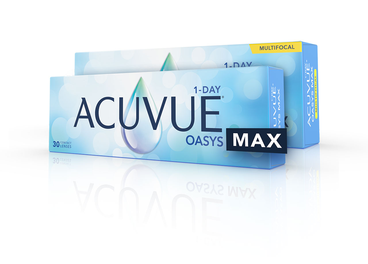 Acuvue Oasys Max 1-Day -tuoteperheeseen kuuluu liki- ja kaukotaittoisuutta sekä ikänäköä korjaavia kertakäyttöpiilolinssejä.