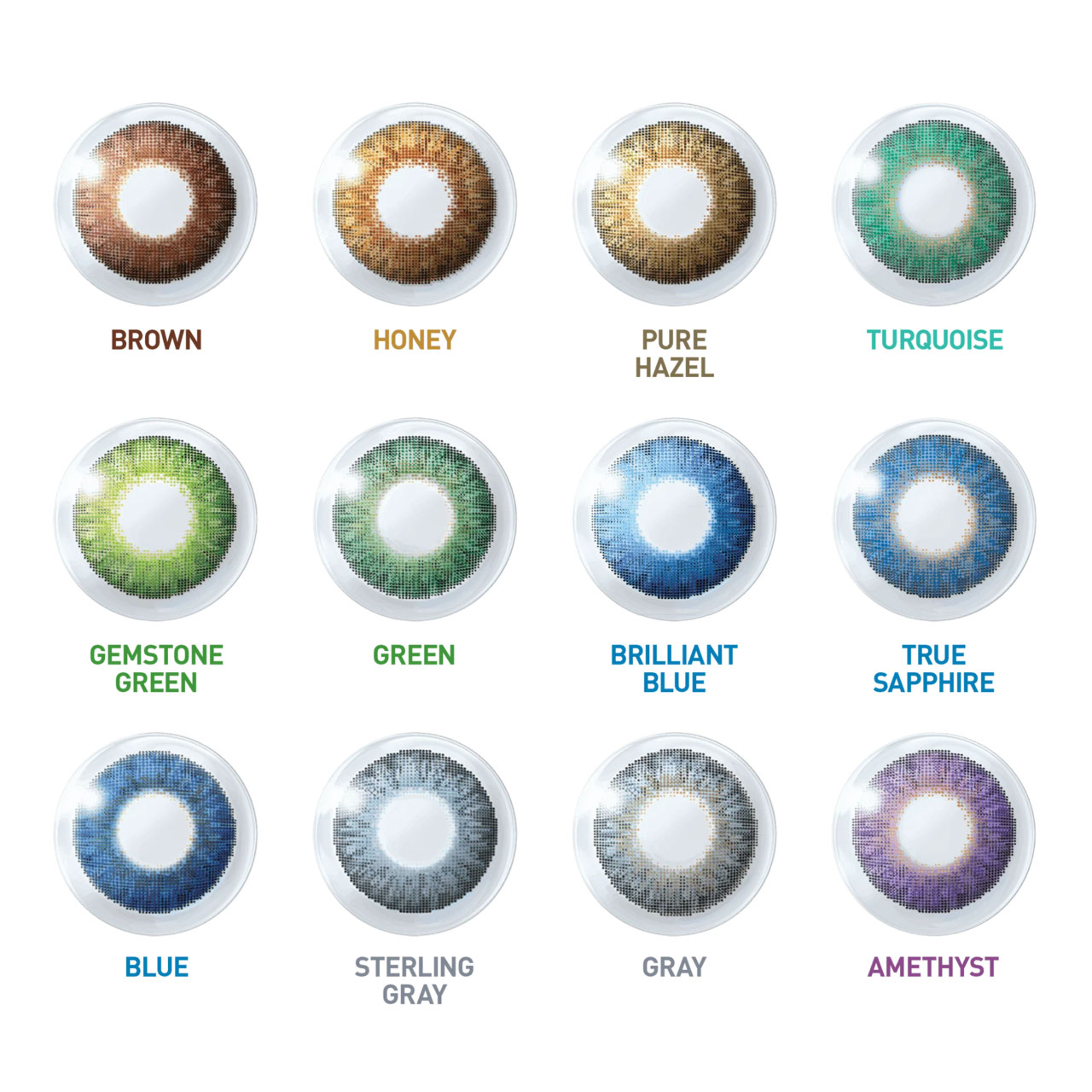 Air Optix Colors -piilolinssien värivaihtoehdot. Nämä linssit on saatavilla 12 upeassa värissä, 
mukaan lukien sininen, ruskea, harmaa ja vihreä.
