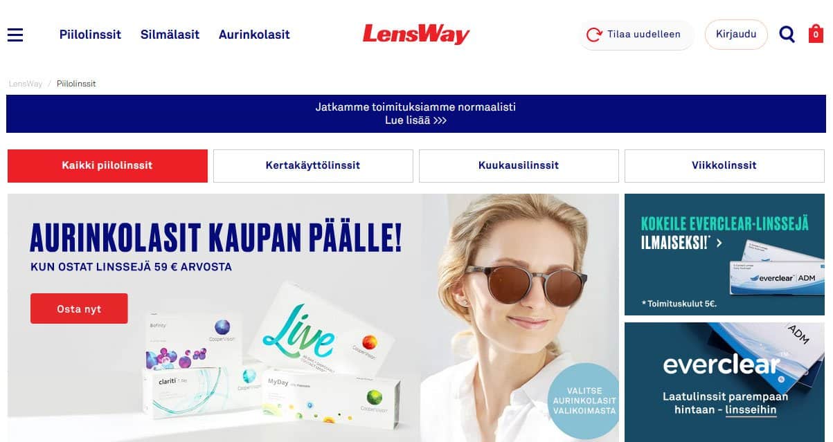 Kuvakaappaus LensWay.fi-verkkokaupan etusivulta 12.5.2020.