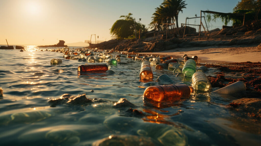 Kuva rantaveteen ajautuneista muovipulloista on vahva muistutus muovijätteen ongelmasta ja sen vaikutuksista ympäristöömme.